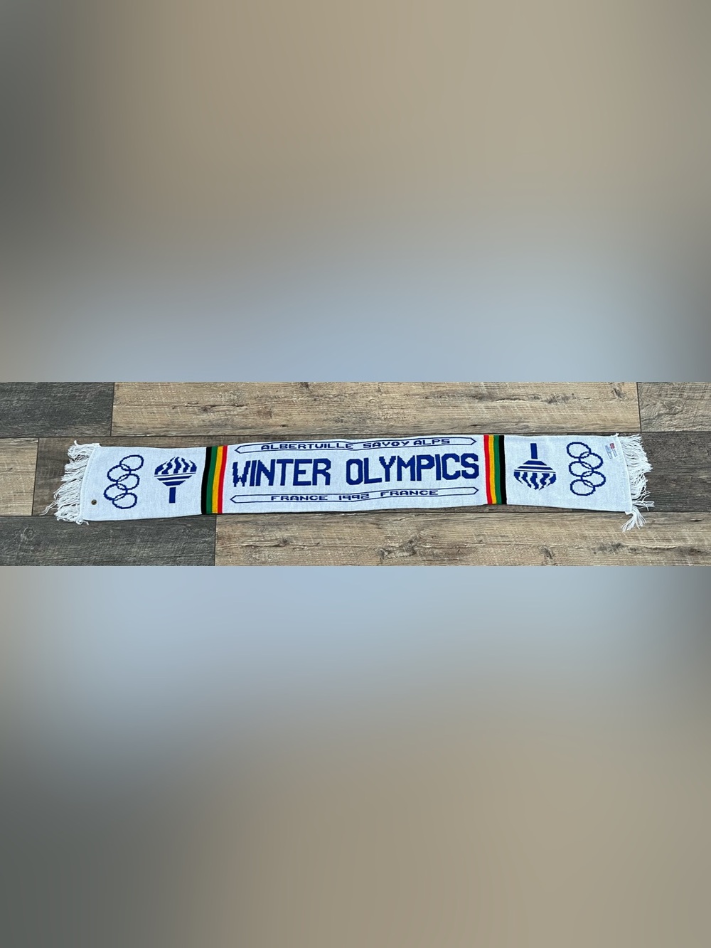 Vintage 1992 Albertville France Winter Olympics Scarf w/ 1991 COJO Olympic Pin